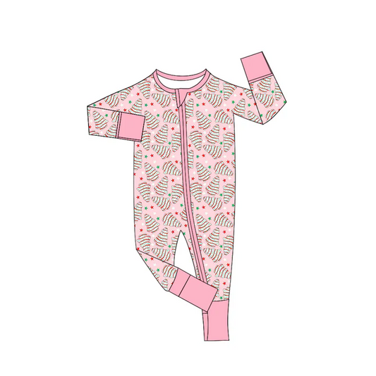 9.2 Preorder(moq 5)Baby Girls Christmas Pink Trees Cakes Trees Zipper Footie Rompers