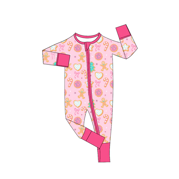 9.2 Preorder(moq 5)Baby Girls Christmas Pink Gingerbread Trees Zipper Footie Rompers