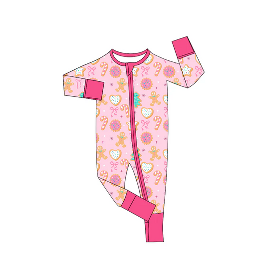 9.2 Preorder(moq 5)Baby Girls Christmas Pink Gingerbread Trees Zipper Footie Rompers