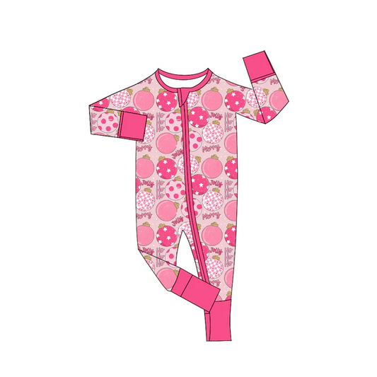 9.2 Preorder(moq 5)Baby Girls Christmas Pink Disco Zipper Footie Rompers