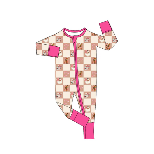 9.2 Preorder(moq 5)Baby Girls Christmas Pink Santa Deer Zipper Footie Rompers