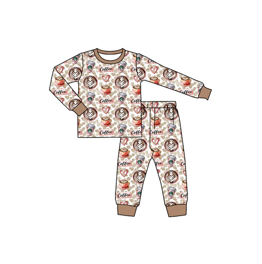 9.2 Preorder (moq 5)Baby Girls Coffee Cup Leopard Shirts Pants Pajamas Sets