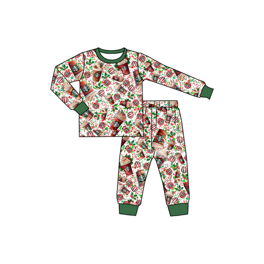 9.2 Preorder (moq 5)Baby Kids Christmas Coffee Baseball Green Pants Pajamas Sets
