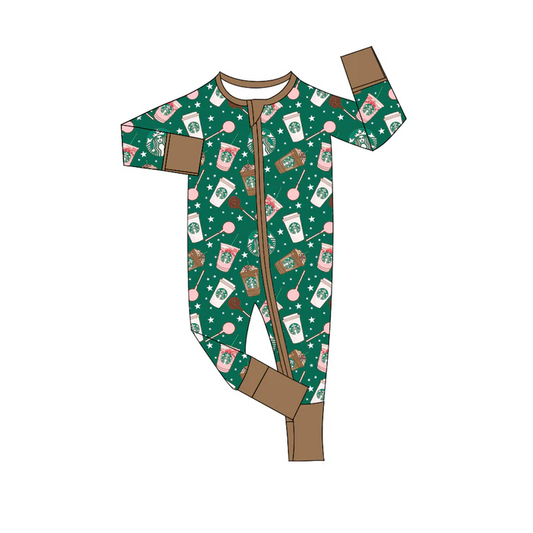 9.2 Preorder(moq 5)Baby Kids Coffee Green Zipper Footie Rompers