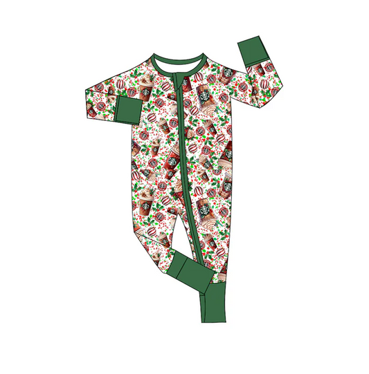 9.2 Preorder(moq 5)Baby Kids Christmas Coffee Baseball Green Zipper Footie Rompers