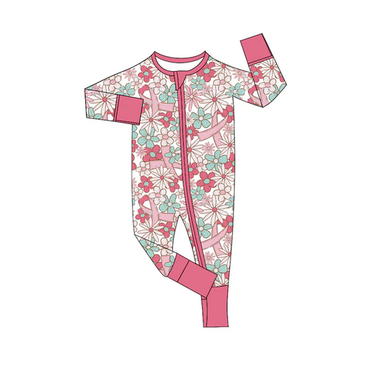 9.2  Preorder(moq 5)Baby Girls Pink Blue Cross Flowers Zipper Footie Rompers