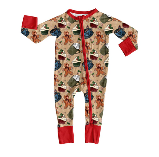9.2 Preorder(moq 5)Baby Boys Gingerbread Cakes Christmas Zipper Footie Rompers
