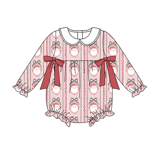 9.2 Preorder(moq 5)Baby Girls Red Bows Santa Stripe Christmas Ruffle Rompers