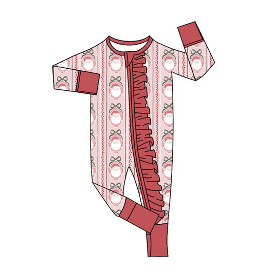 9.2 Preorder(moq 5)Baby Girls Red Bows Santa Stripe Christmas Ruffle Zipper Footie Rompers