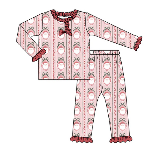 9.2 Preorder (moq 5)Baby Girls Red Santa Bows Stripe Ruffle Pants Christmas Pajamas Sets