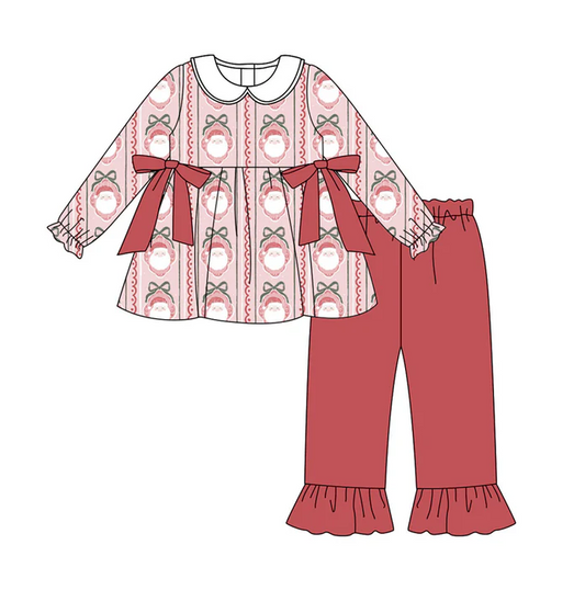 9.2 Preorder (moq 5)Baby Girls Red Santa Bows Stripe Ruffle Pants Christmas Clothes Sets