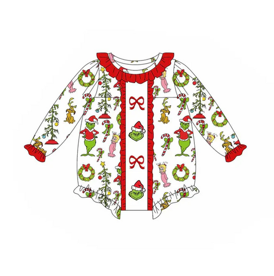 9.2 Preorder(moq 5)Baby Girls Green Face Candy Cane Christmas Ruffle Rompers