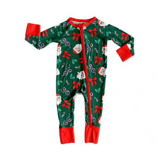 9.2 Preorder(moq 5)Baby Girls Santa Bows Candy Cane Christmas Footie Rompers