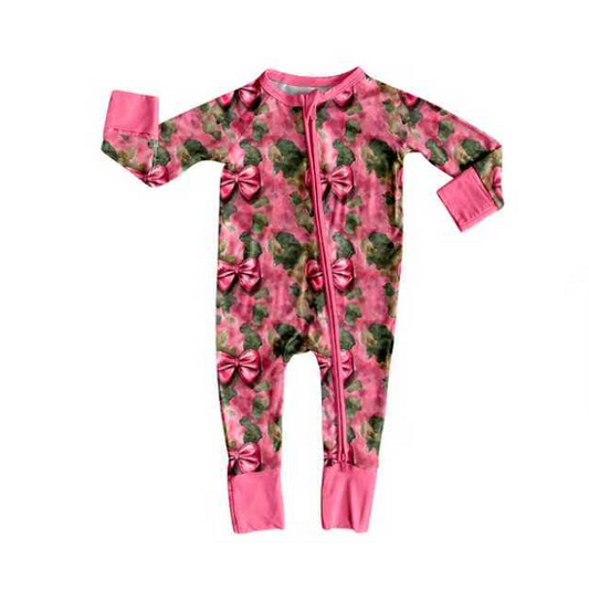 9.2 Preorder(moq 5)Baby Girls Green Pink Camo Bows Western Footie Rompers