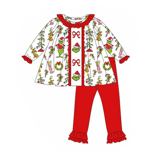 9.2 Preorder (moq 5)Baby Girls Candy Cane Green Face Tunic Ruffle Legging Christmas Clothes Set