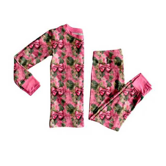 9.2 Preorder (moq 5)Baby Girls Pink Green Camo Bows Top Pants Western Pajamas Set