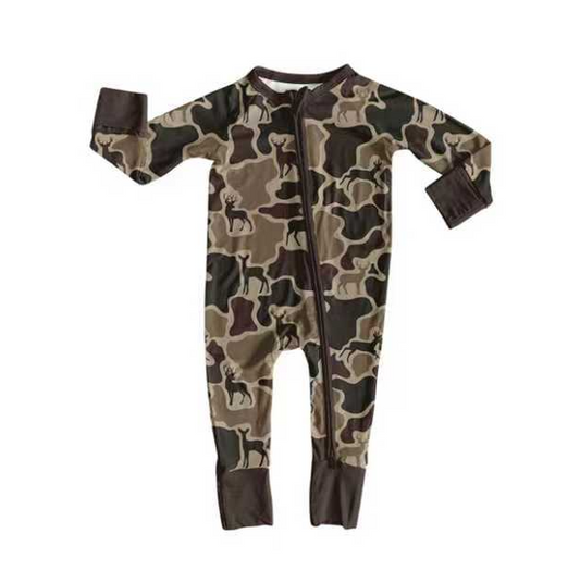 9.2 Preorder(moq 5)Baby Boys Dark Brown Deer Camo Western Footie Rompers