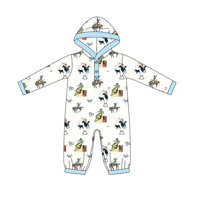 9.2 Preorder(moq 5)Baby Boys Blue Horse Rodeos Button Western Hoodie Footie Rompers