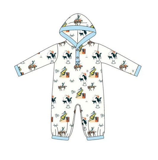9.2 Preorder(moq 5)Baby Boys Blue Horse Rodeos Button Western Hoodie Footie Rompers