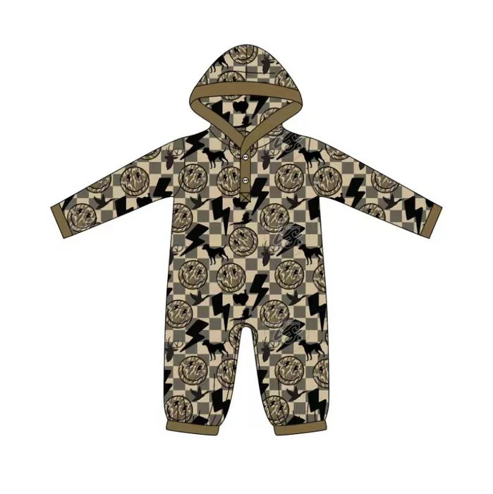 9.2 Preorder(moq 5)Baby Boys Khaki Checked Lights Smiles Button Hoodie Footie Rompers