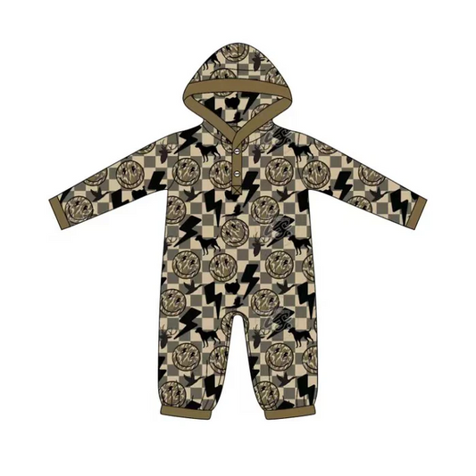 9.2 Preorder(moq 5)Baby Boys Khaki Checked Lights Smiles Button Hoodie Footie Rompers