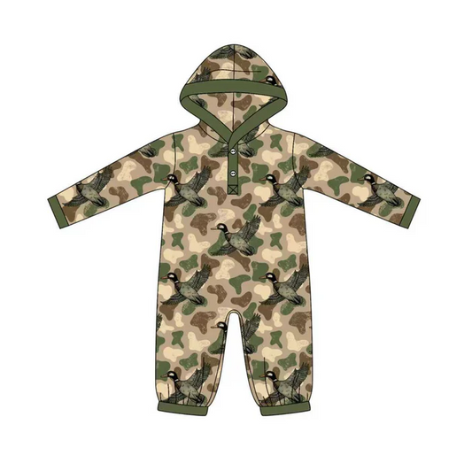 9.2 Preorder(moq 5)Baby Boys Green Camo Ducks Button Western Hoodie Footie Rompers