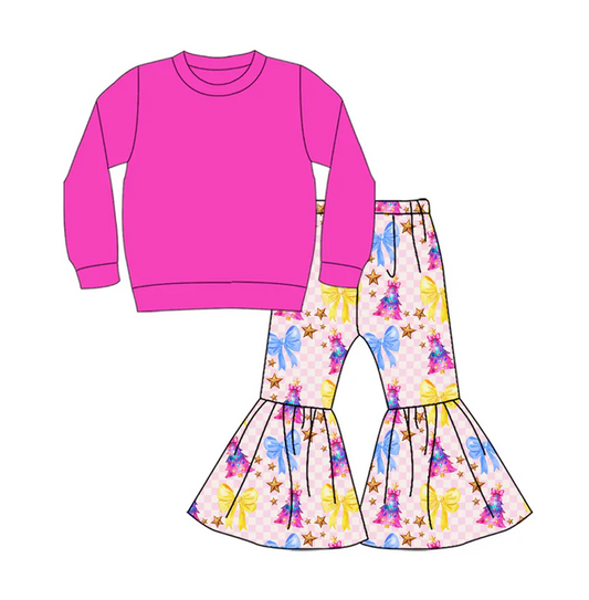 9.2  Preorder (moq 5)Baby Girls Hot Pink Color Shirt Top Trees Bows Bell Bottom Pants Christmas Clothes Sets