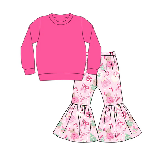 9.2  Preorder (moq 5)Baby Girls Pink Color Shirt Top Snowmen Bell Bottom Pants Christmas Clothes Sets