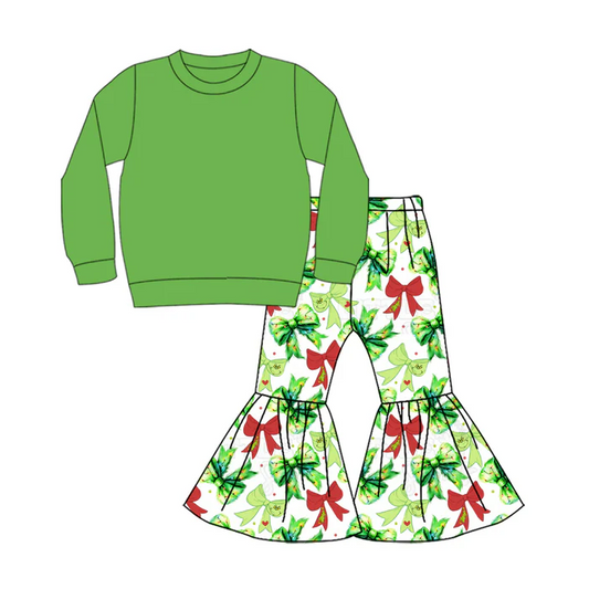 9.2  Preorder (moq 5)Baby Girls Green Color Shirt Top Bows Stars Bell Bottom Pants Christmas Clothes Sets