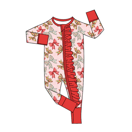 9.3 Preorder(moq 5)Baby Girls Pink Trees Bows Christmas Ruffle Zipper Footie Rompers