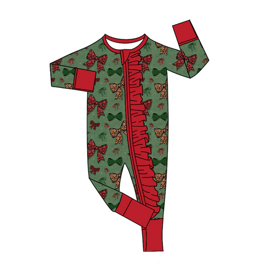 9.3 Preorder(moq 5)Baby Girls Green Red Bows Christmas Ruffle Zipper Footie Rompers