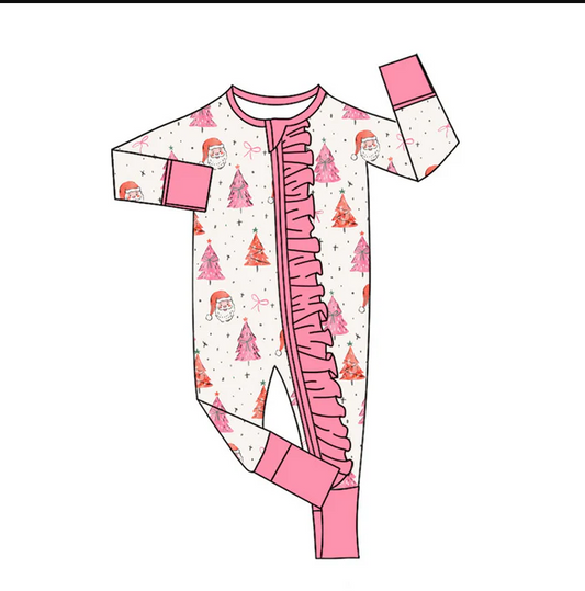 9.3 Preorder(moq 5)Baby Girls Pink Trees Santa Christmas Ruffle Zipper Footie Rompers