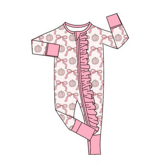 9.3 Preorder(moq 5)Baby Girls Pink Bows Balls Long Sleeves Ruffle Zipper Footie Rompers