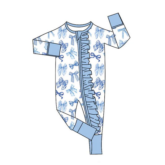 9.3 Preorder(moq 5)Baby Girls Blue Bows Long Sleeves Ruffle Zipper Footie Rompers