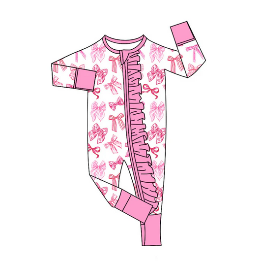 9.3 Preorder(moq 5)Baby Girls Pink Bows Long Sleeves Ruffle Zipper Footie Rompers