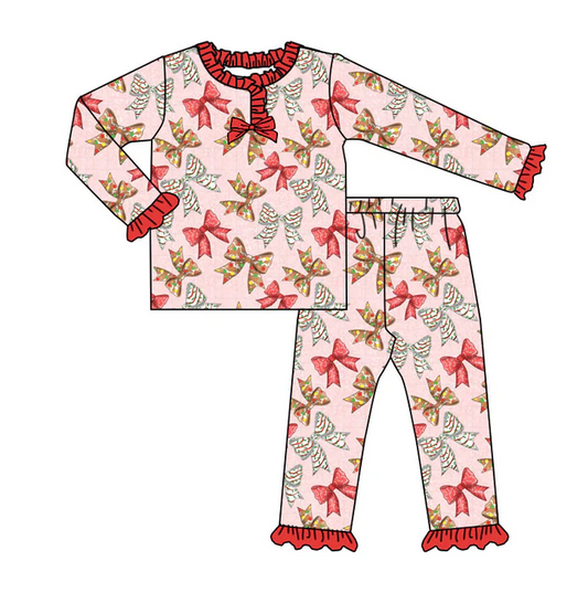 9.2  Preorder (moq 5)Baby Girls Pink Trees Bows Christmas Ruffle Pants Pajamas Sets