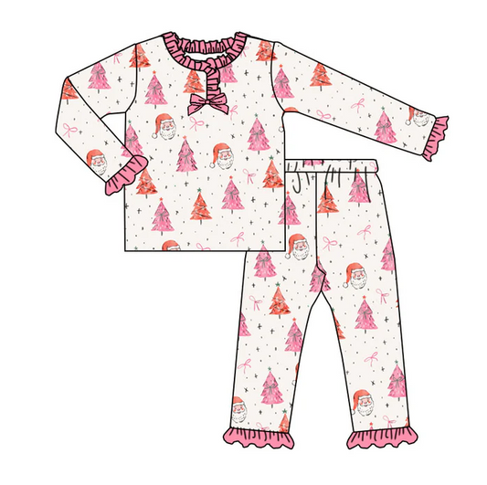 9.2 Preorder (moq 5)Baby Girls Pink Trees Santa Christmas Ruffle Pants Pajamas Sets