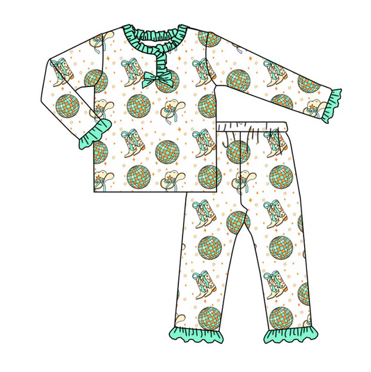 9.2 Preorder (moq 5)Baby Girls Green Boots Balls Long Ruffle Sleeves Pants Pajamas Sets
