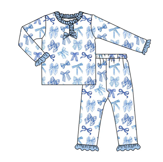 9.3 Preorder (moq 5)Baby Girls Blue Bows Long Ruffle Sleeves Pants Pajamas Sets