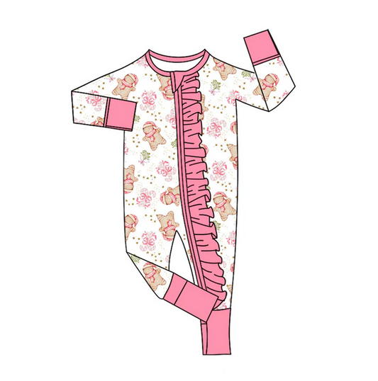 9.3 Preorder(moq 5)Baby Girls Gingerbread Candy Cane Christmas Ruffle Zipper Footie Rompers