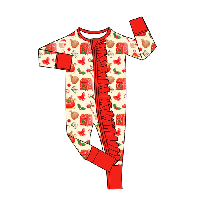 9.3Preorder(moq 5)Baby Girls Gifts Candy Cane Christmas Ruffle Zipper Footie Rompers