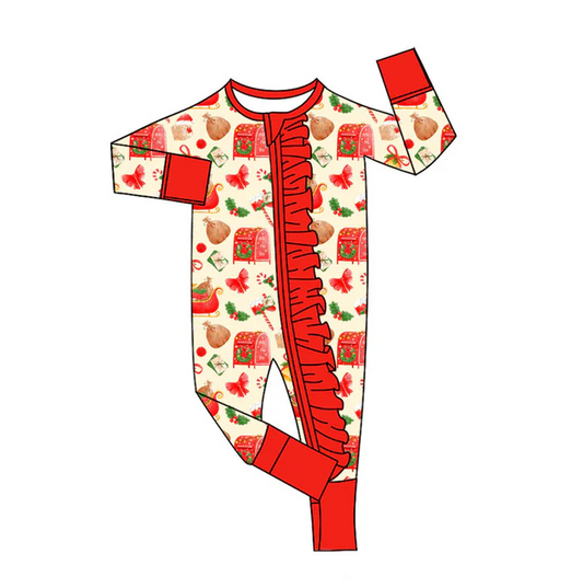9.3Preorder(moq 5)Baby Girls Gifts Candy Cane Christmas Ruffle Zipper Footie Rompers