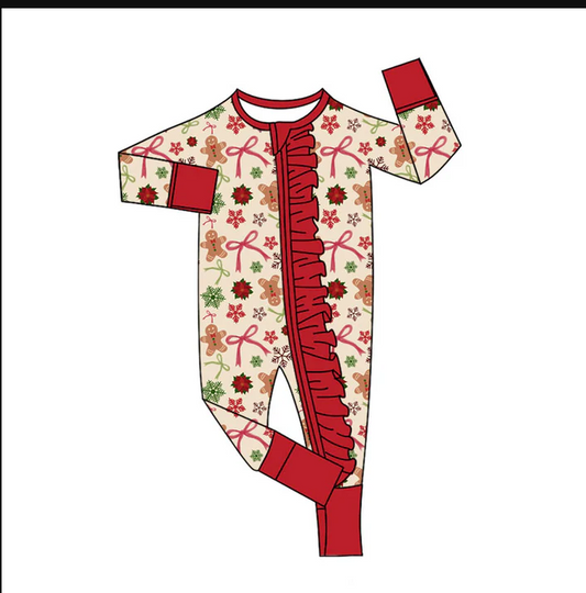9.3 Preorder(moq 5)Baby Girls Gingerbread Bows Holly Christmas Ruffle Zipper Footie Rompers