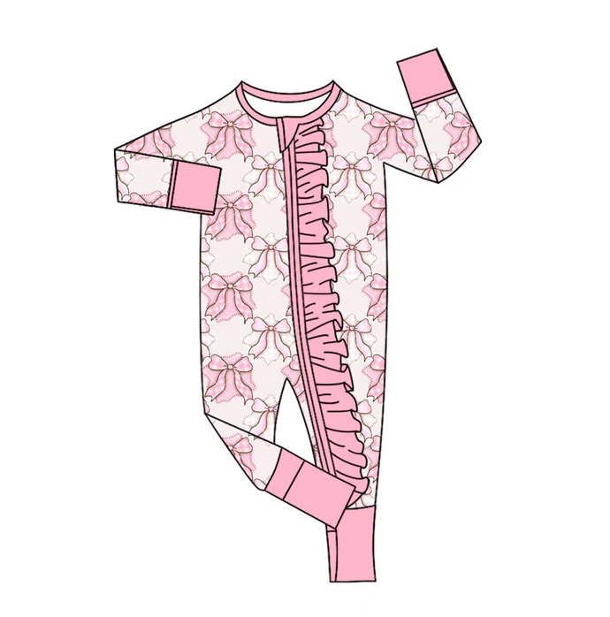 9.3 Preorder(moq 5)Baby Girls Pink Bows Long Sleeves Ruffle Zipper Footie Rompers