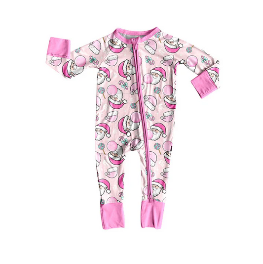 9.3 Preorder(moq 5)Baby Boys Pink Santa Candy Cane Christmas Zipper Footie Rompers