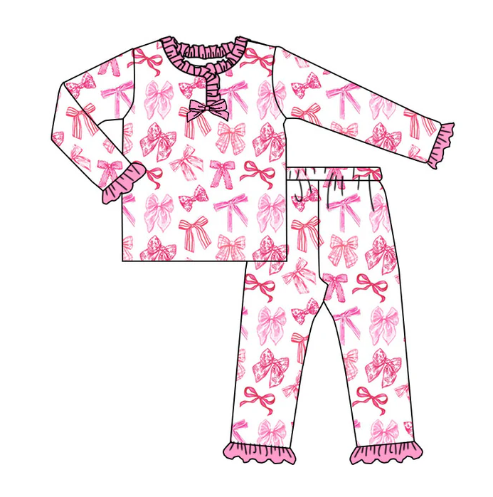 9.3 Preorder (moq 5)Baby Girls Pink Bows Long Ruffle Sleeves Pants Pajamas Sets