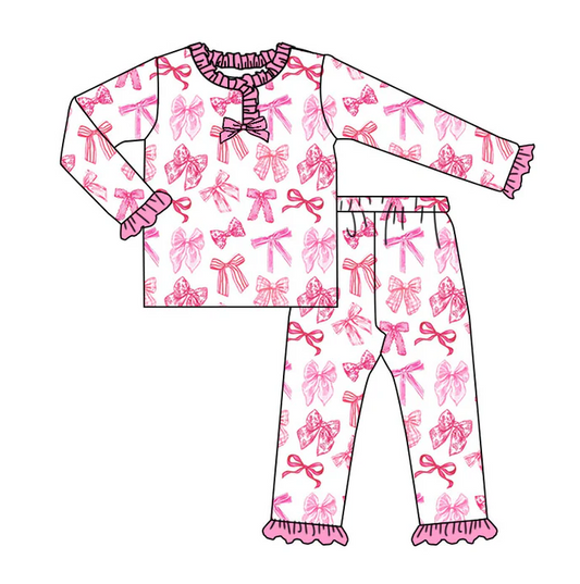 9.3 Preorder (moq 5)Baby Girls Pink Bows Long Ruffle Sleeves Pants Pajamas Sets
