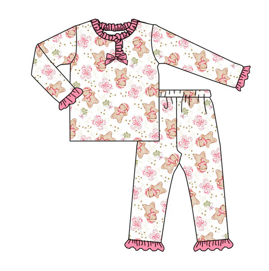 9.3 Preorder (moq 5)Baby Girls Gingerbread Candy Cane Christmas Ruffle Pants Pajamas Sets
