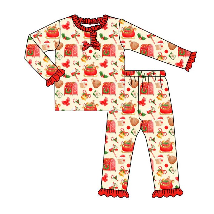 9.3 Preorder (moq 5)Baby Girls Gifts Candy Cane Christmas Long Ruffle Sleeve Pajamas Sets