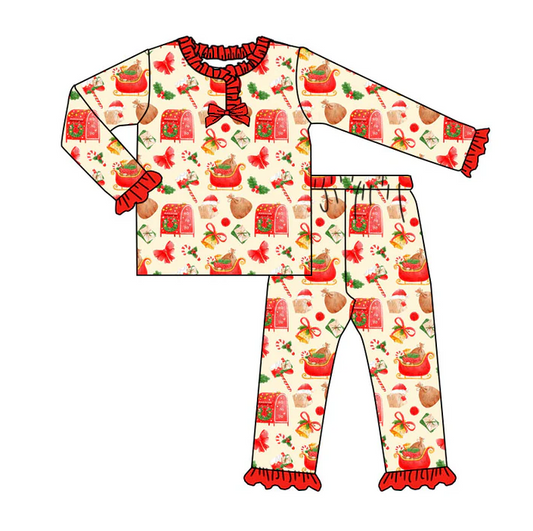 9.3 Preorder (moq 5)Baby Girls Gifts Candy Cane Christmas Long Ruffle Sleeve Pajamas Sets